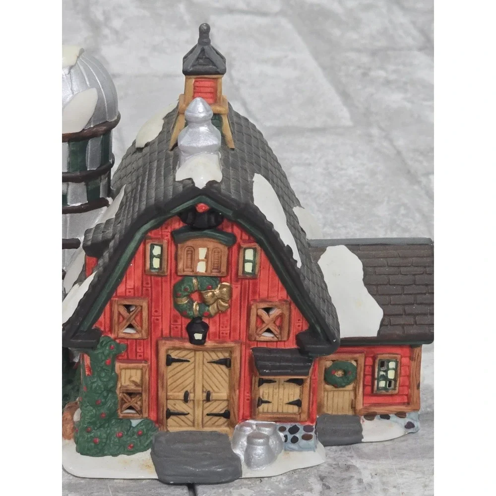 O'Well China Red Barn Silo Christmas Village House 1997 w/ white brick‎ house